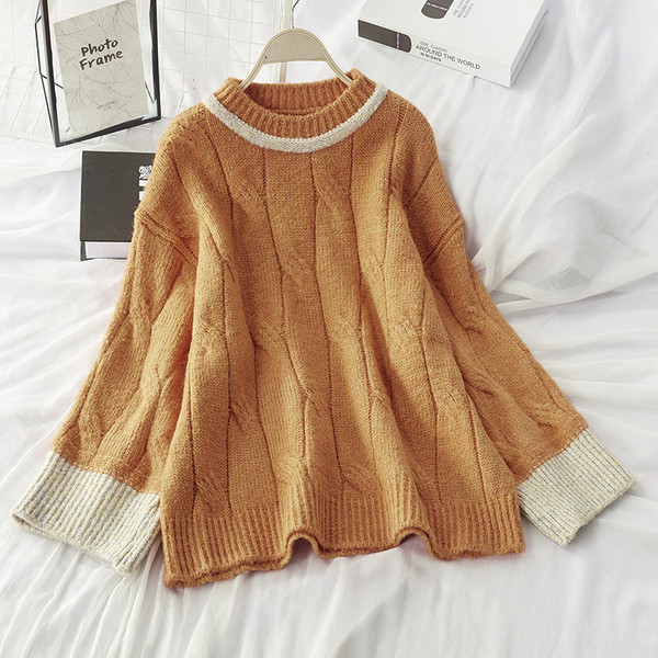 Pulover de iarna de dama cu decolteu rotund model larg in verde, bej si portocaliu