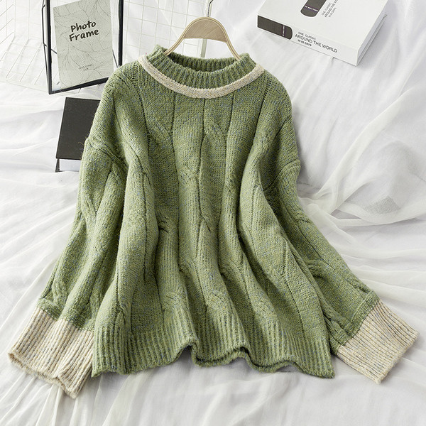 Pulover de iarna de dama cu decolteu rotund model larg in verde, bej si portocaliu