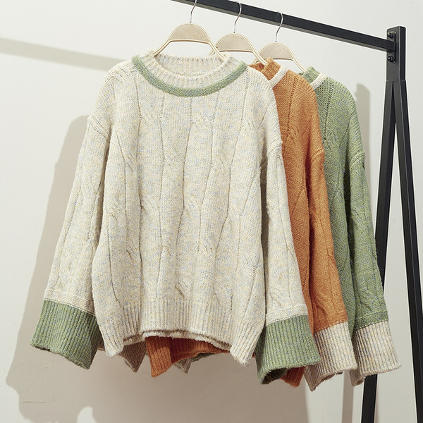 Pulover de iarna de dama cu decolteu rotund model larg in verde, bej si portocaliu