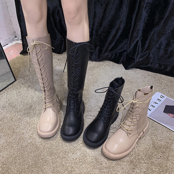 Cizme de dama din piele ecologica cu sireturi in bej si negru - doua modele