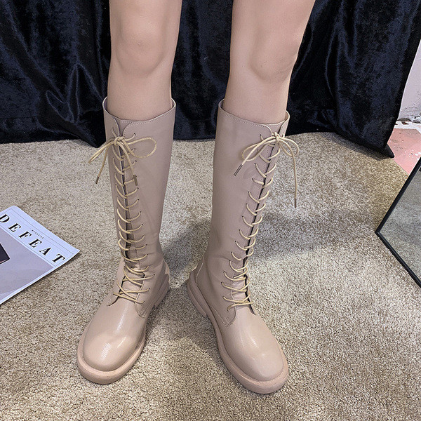 Cizme de dama din piele ecologica cu sireturi in bej si negru - doua modele