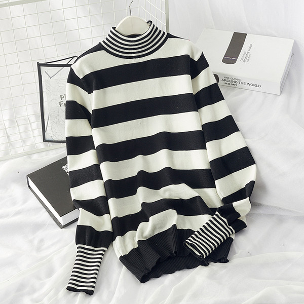 Pulover de dama cu dungi toamna-iarna cu guler inalt in trei culori