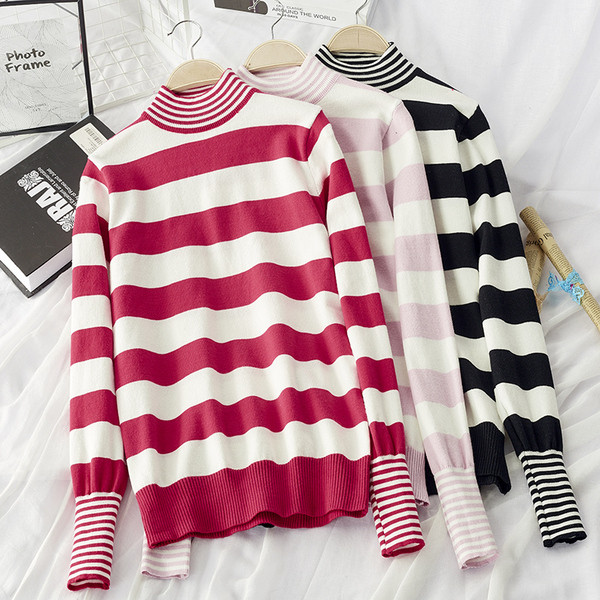 Pulover de dama cu dungi toamna-iarna cu guler inalt in trei culori