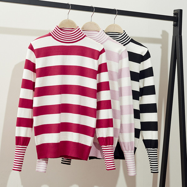 Pulover de dama cu dungi toamna-iarna cu guler inalt in trei culori