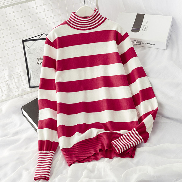 Pulover de dama cu dungi toamna-iarna cu guler inalt in trei culori