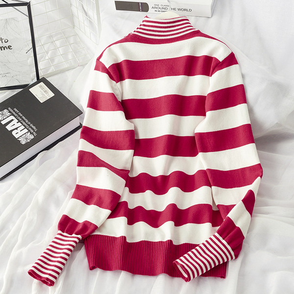 Pulover de dama cu dungi toamna-iarna cu guler inalt in trei culori