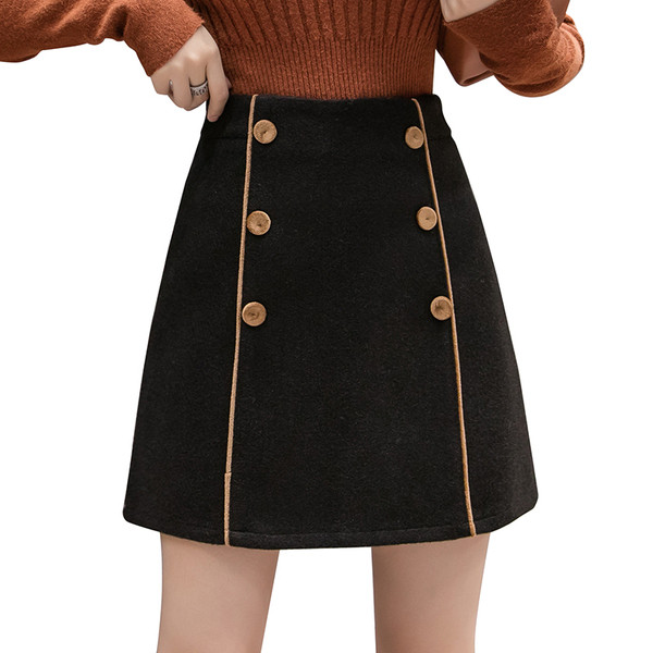 Fusta de dama moderna potrivita pentru iarna cu nasturi si talie inalta de culoare maro, negru si bej