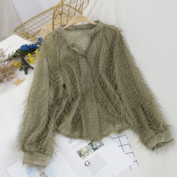 Cămașă modernă de damă în patru culori cu franjuri și nasturi