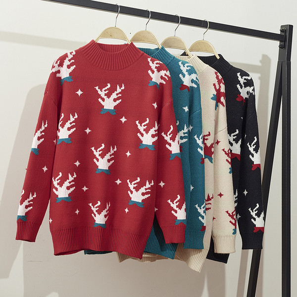 Pulover de dama de Craciun cu decolteu rotund model larg in mai multe culori