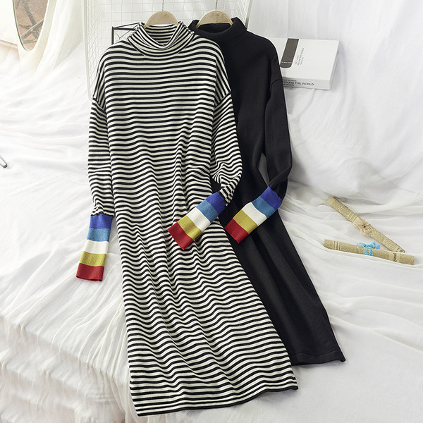 Rochie de toamna de dama cu guler polo model lung alb-negru