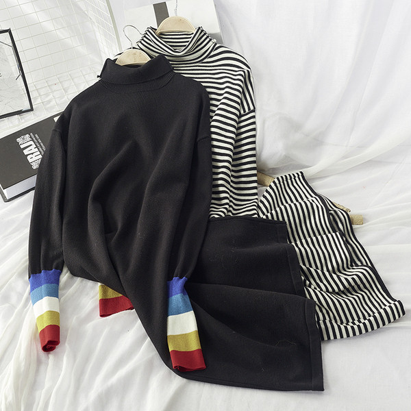 Rochie de toamna de dama cu guler polo model lung alb-negru