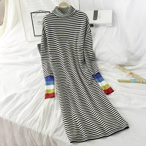 Rochie de toamna de dama cu guler polo model lung alb-negru