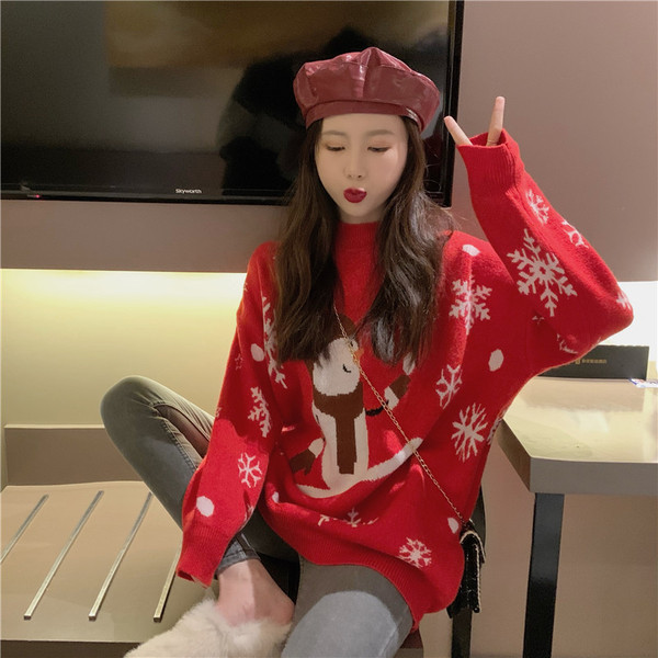 Pulover gros de dama cu motive de Craciun in rosu