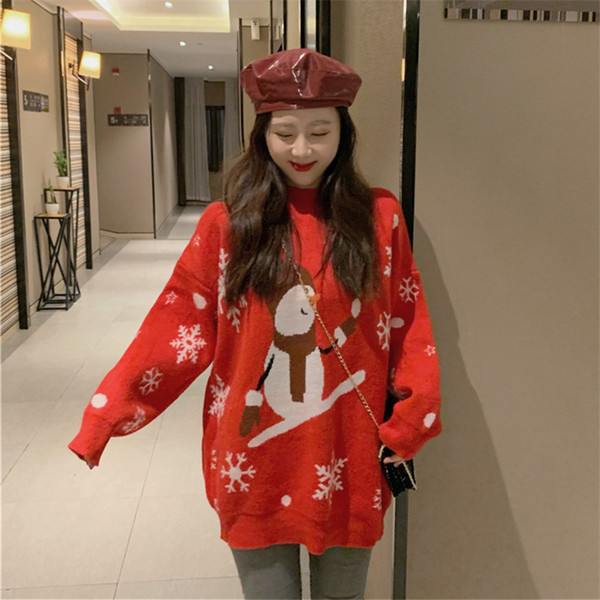 Pulover gros de dama cu motive de Craciun in rosu