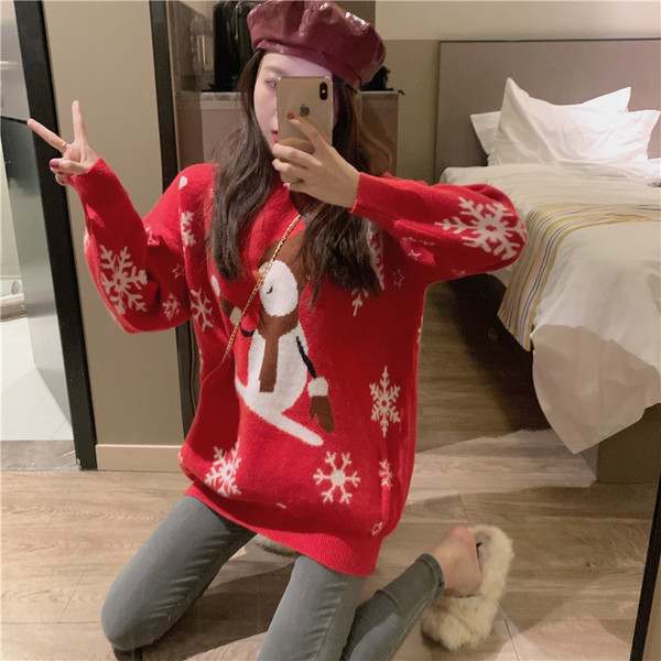 Pulover gros de dama cu motive de Craciun in rosu