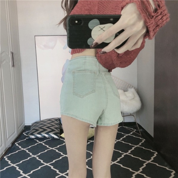 Pantaloni scurți din denim cu talie înaltă și cravate în alb, albastru și negru