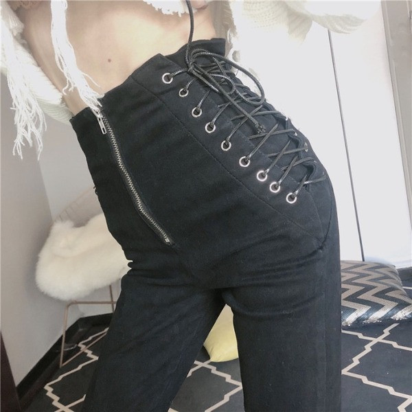 Blugi lungi în negru, cu șireturi și fermoar