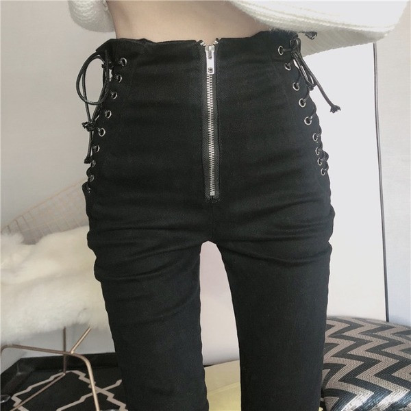 Blugi lungi în negru, cu șireturi și fermoar