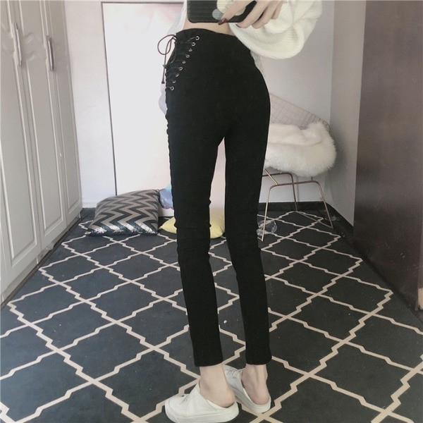 Blugi lungi în negru, cu șireturi și fermoar