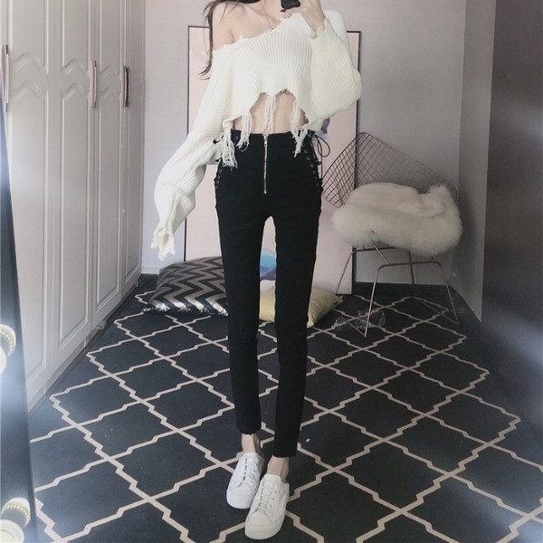 Blugi lungi în negru, cu șireturi și fermoar