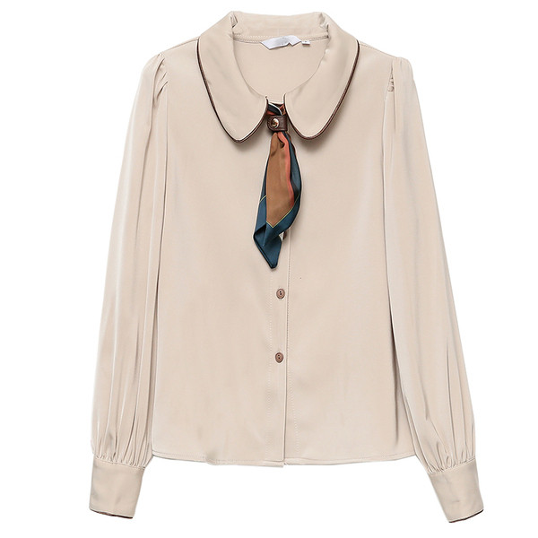 Cămașă de șifon de damă cu guler și nasturi clasici în alb și bej