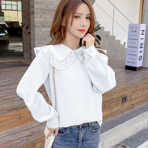 Cămașă de damă cu nasturi și dantelă la guler - model larg în alb, roz și verde