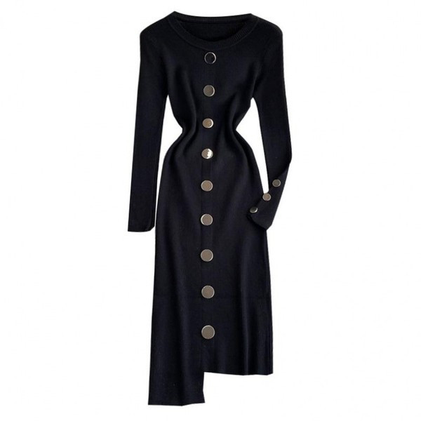 Rochie de damă asimetrică de culoare neagră, cu nasturi și mâneci lungi