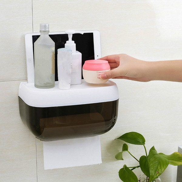 Водоустойчива пластмасова поставка за тоалетна хартия с рафт в черен, розов и бял цвят