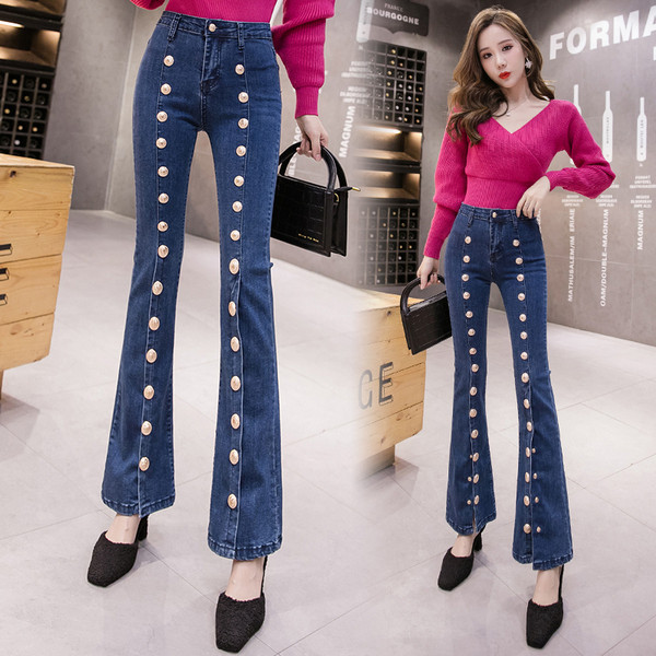 Blugi Charleston lungi de dama cu nasturi aurii