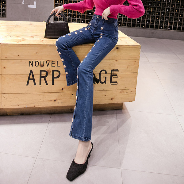 Blugi Charleston lungi de dama cu nasturi aurii