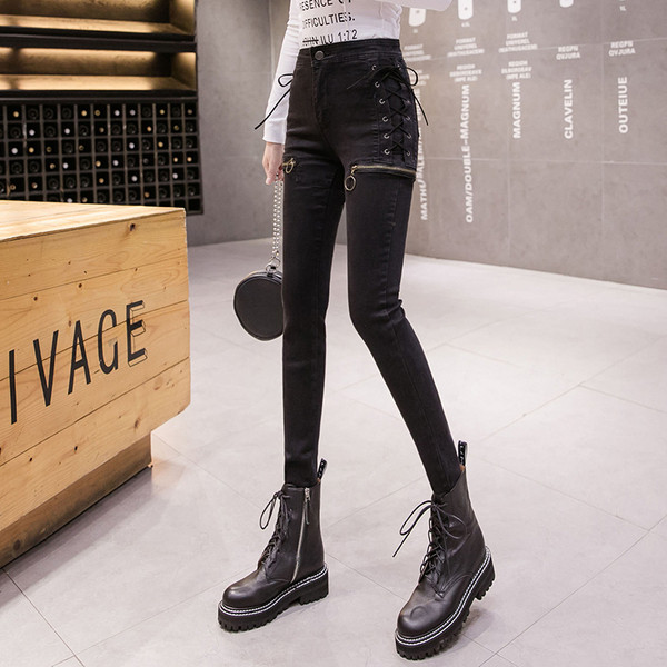 Blugi dama - model slim talie inalta in albastru si negru cu fermoare si cravate