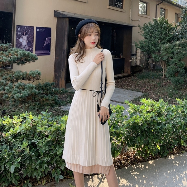 Rochie de dama plisata tricotata cu curea in bej, maro si negru