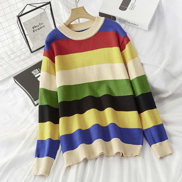 Pulover de damă cu dungi toamnă-iarnă cu decolteu rotund