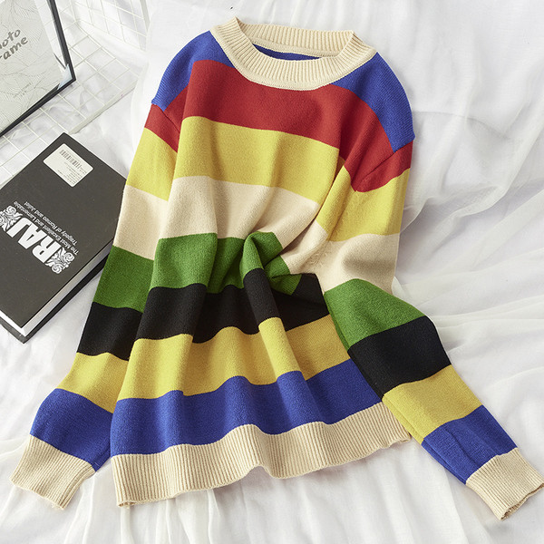 Pulover de damă cu dungi toamnă-iarnă cu decolteu rotund