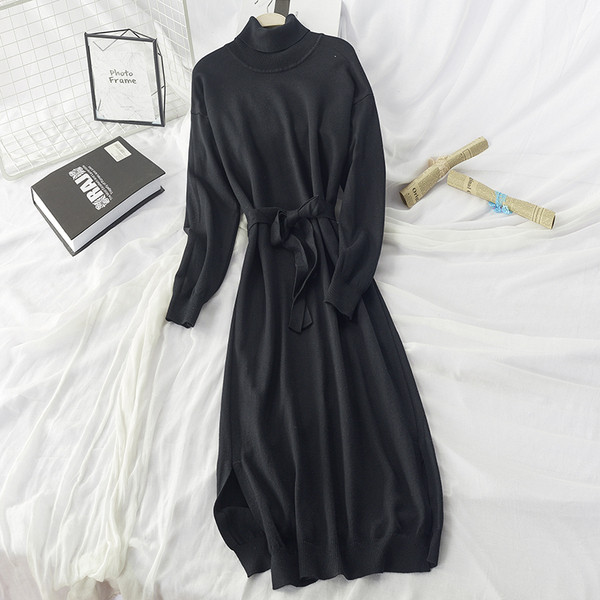 Rochie dama tricotata iarna model lung si guler polo - cu curea in talie