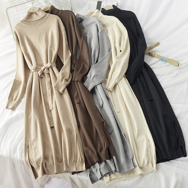 Rochie dama tricotata iarna model lung si guler polo - cu curea in talie