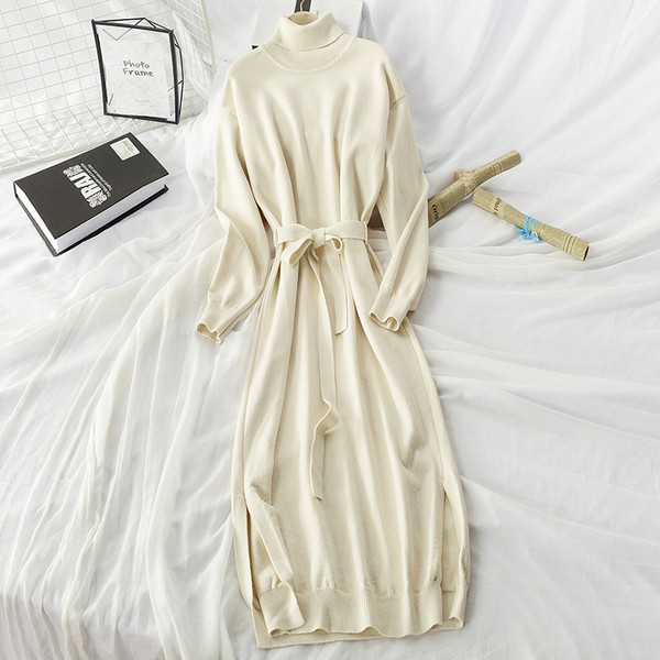 Rochie dama tricotata iarna model lung si guler polo - cu curea in talie