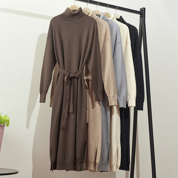 Rochie dama tricotata iarna model lung si guler polo - cu curea in talie