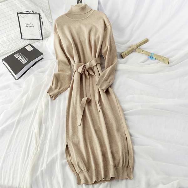 Rochie dama tricotata iarna model lung si guler polo - cu curea in talie