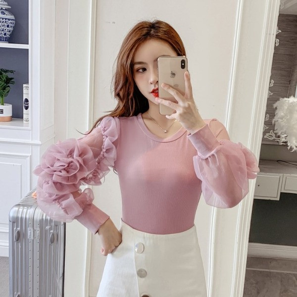 Bluză modernă, cu mâneci din tul, roz și roșu