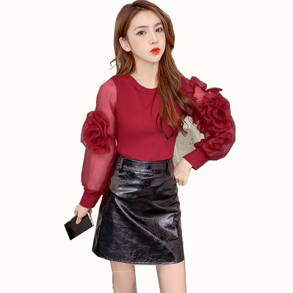 Bluză modernă, cu mâneci din tul, roz și roșu