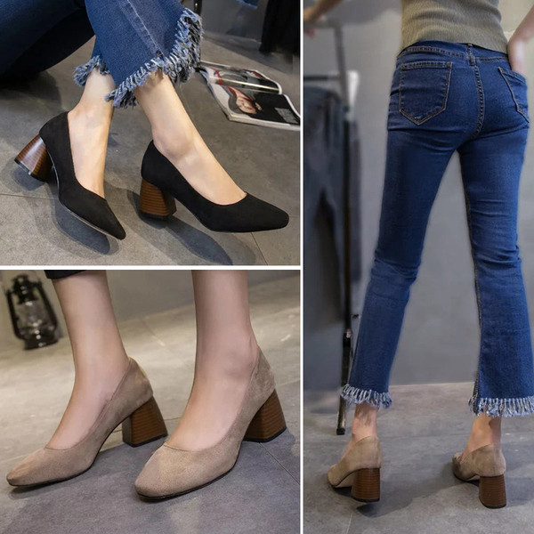 Pantofi de dama din piele intoarsa cu toc gros in negru si bej