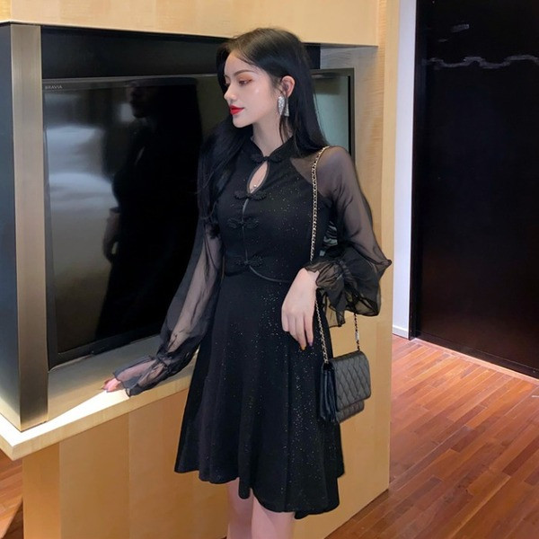 Rochie de dama eleganta din catifea cu maneci din tul de culoare neagra