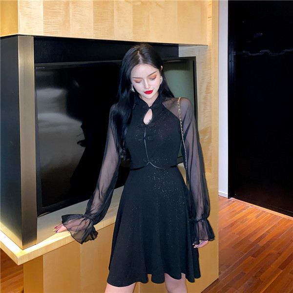 Rochie de dama eleganta din catifea cu maneci din tul de culoare neagra