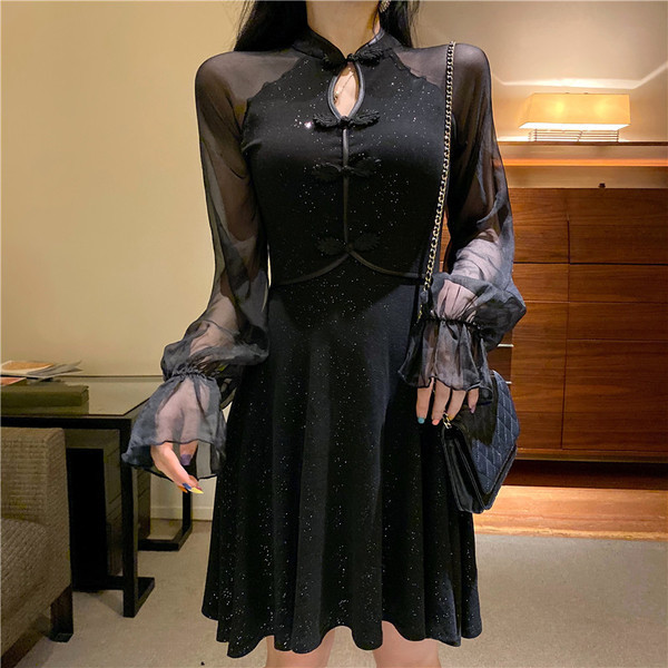 Rochie de dama eleganta din catifea cu maneci din tul de culoare neagra