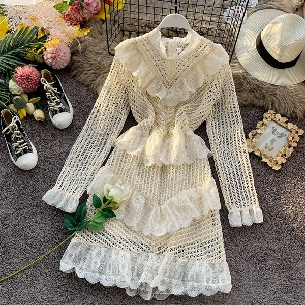 Rochie de dama din dantela cu maneci lungi si guler polo