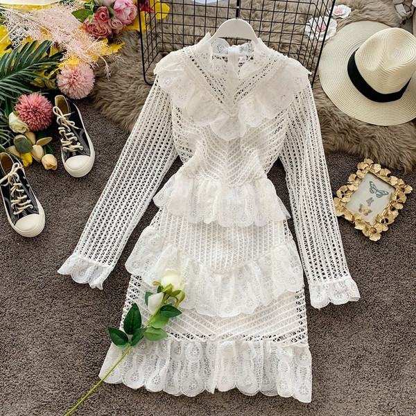 Rochie de dama din dantela cu maneci lungi si guler polo