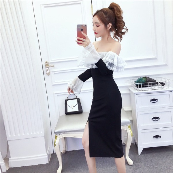 Дамска рокля с голи рамене,тюл и дантела Slim модел в черен цвят