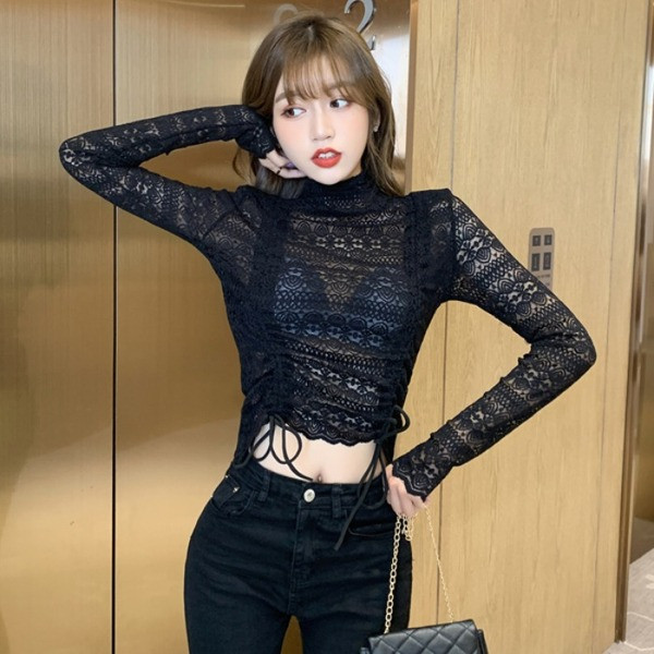 Bluză de damă din dantelă alb-negru cu cravate și guler polo