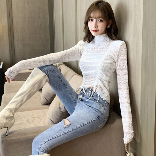 Bluză de damă din dantelă alb-negru cu cravate și guler polo